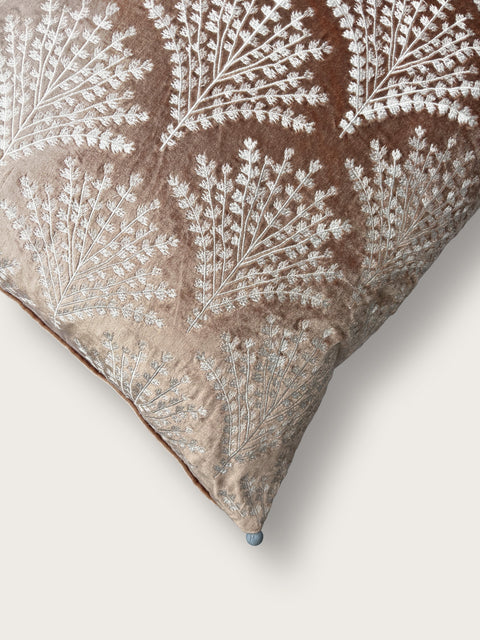 Champagne Pink Velvet with Blue Pom Pom Cushion Cover - House of Roya