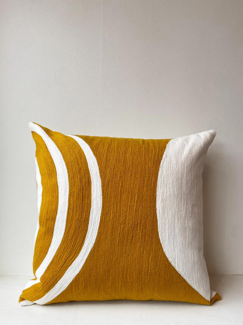 Circular Embroided Aari Cushion Cover - Ochre