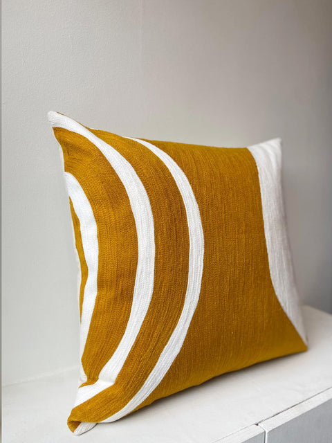 Circular Embroided Aari Cushion Cover - Ochre