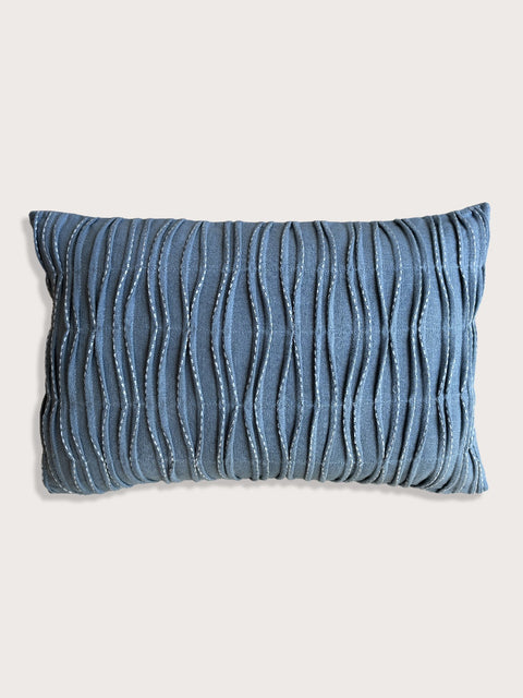 Kantha Stitch Linen Cushion Cover - Blue