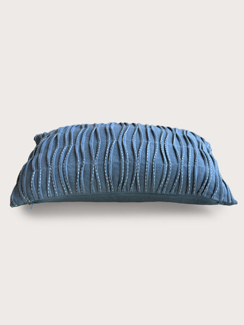 Kantha Stitch Linen Cushion Cover - Blue