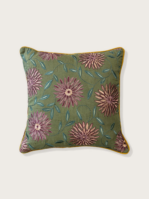 Bloom Floral Linen Cushion Cover - Green - House of Roya
