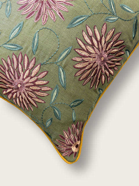 Bloom Floral Linen Cushion Cover - Green - House of Roya