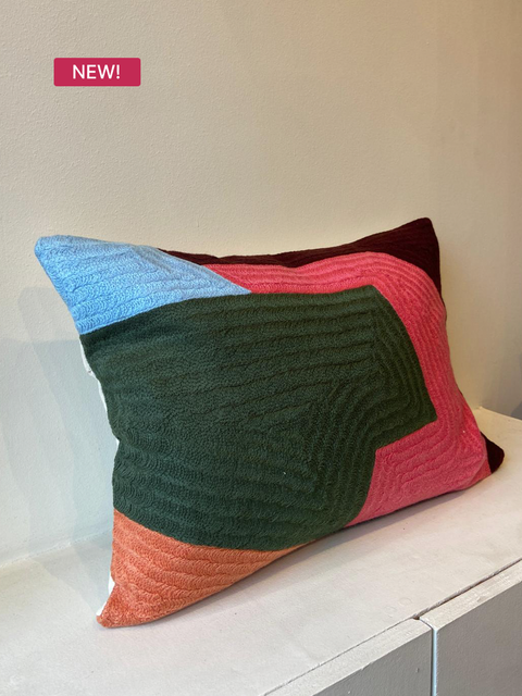 Forest Geometry Cushion – Green & Coral - House of Roya