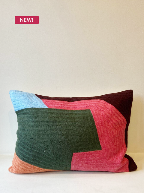 Forest Geometry Cushion – Green & Coral - House of Roya