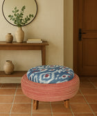 Handcrafted Ikat Red Ottoman – Upcycled Tyre Base with Rope Detailing - House of Roya