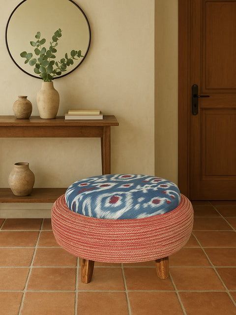 Handcrafted Ikat Red Ottoman – Upcycled Tyre Base with Rope Detailing - House of Roya