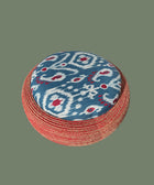 Handcrafted Ikat Red Ottoman – Upcycled Tyre Base with Rope Detailing - House of Roya