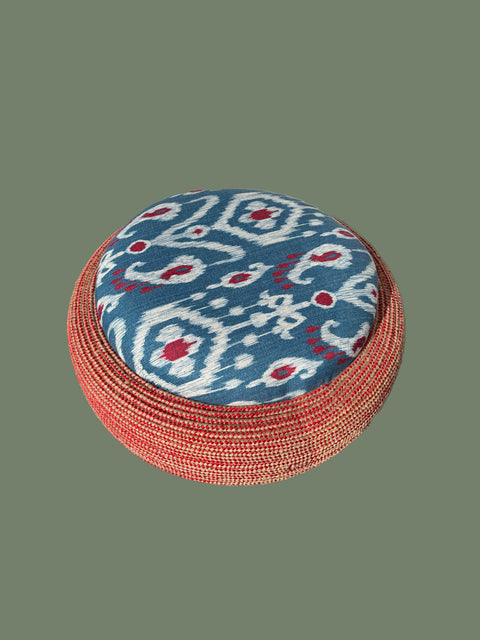 Handcrafted Ikat Red Ottoman – Upcycled Tyre Base with Rope Detailing - House of Roya