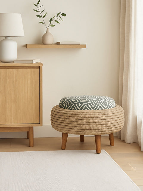 Handcrafted Jaipur Weave Ottoman – Upcycled Tyre Base with Rope Detailing - House of Roya