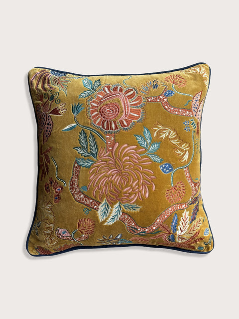 Mughal Garden Ochre Velvet Cushion Cover - Ochre Yellow