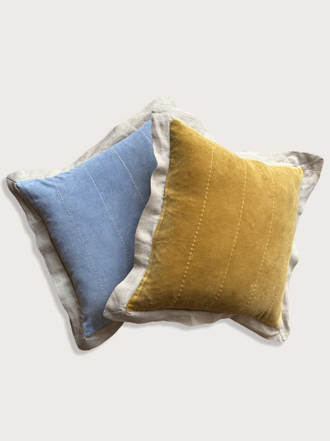 Velvet with Linen Flange Cushion Cover - Tan Ochre