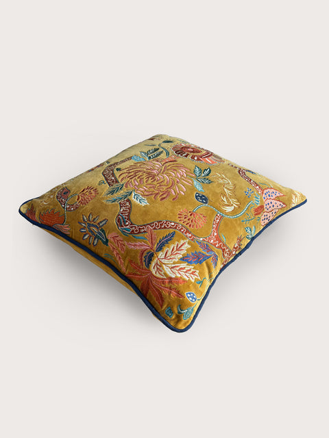 Mughal Garden Ochre Velvet Cushion Cover - Ochre Yellow
