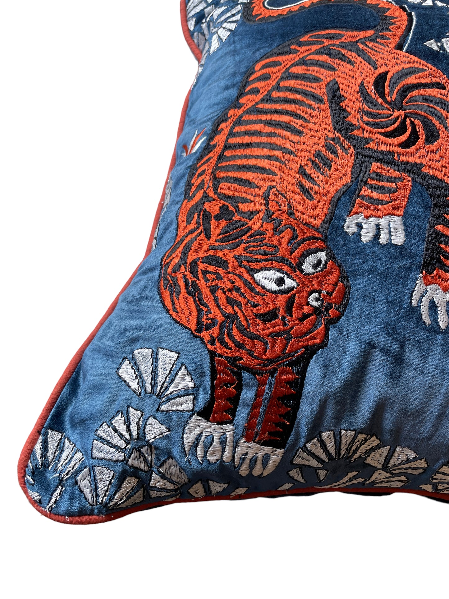 Tiger Embroidered with Orange Piping Cushion Cover