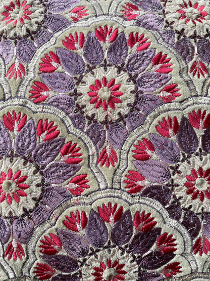 Embroidered Floral Pattern with Red Piping Cushion Cover