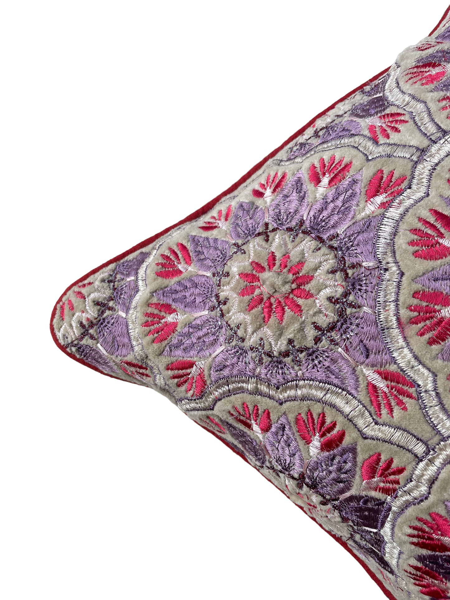 Embroidered Floral Pattern with Red Piping Cushion Cover