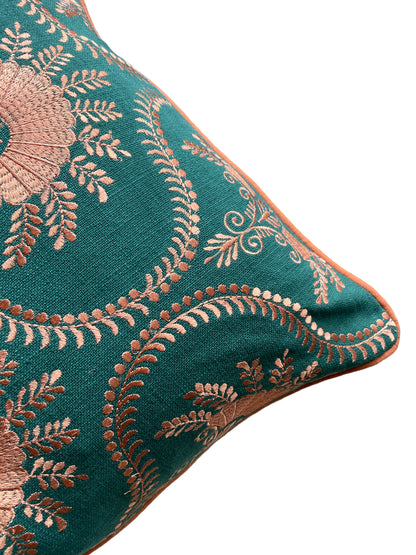 Dark Green Linen with Bronze Embroidery Cushion Cover