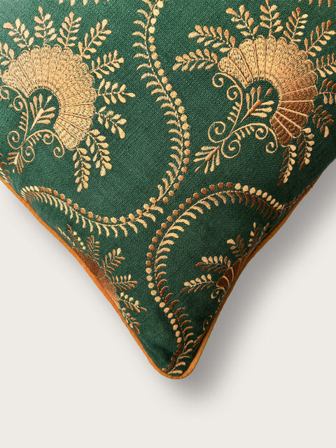 Phulkari Linen Cushion Cover - Green & Bronze - House of Roya