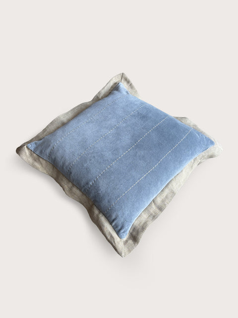 Velvet with Linen Flange Cushion Cover - Powder Blue
