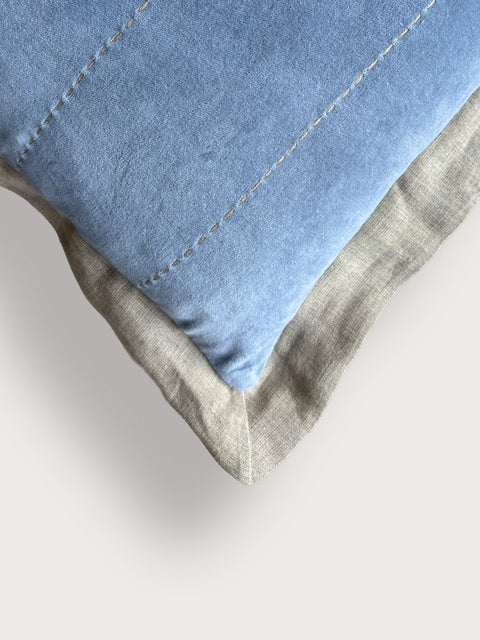 Velvet with Linen Flange Cushion Cover - Powder Blue