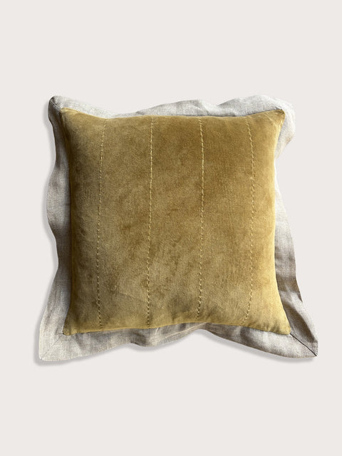 Velvet with Linen Flange Cushion Cover - Tan Ochre