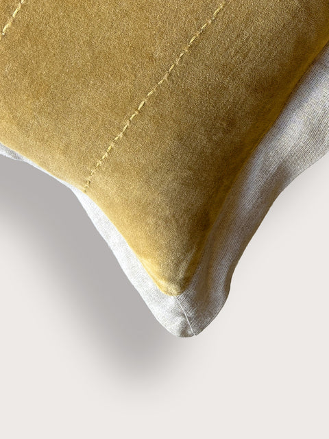 Velvet with Linen Flange Cushion Cover - Tan Ochre