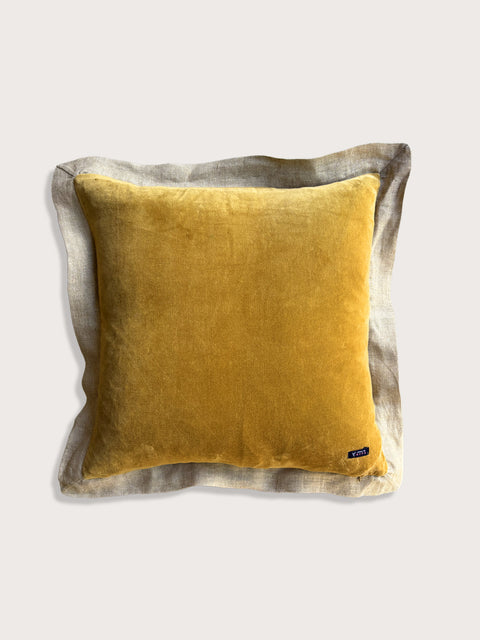 Velvet with Linen Flange Cushion Cover - Tan Ochre