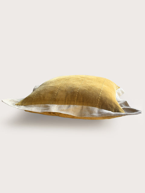Velvet with Linen Flange Cushion Cover - Tan Ochre