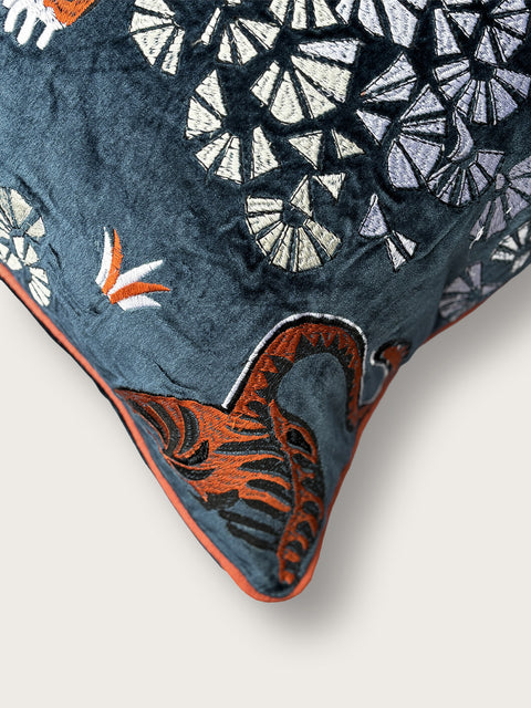 Tiger Velvet Cushion Cover - Blue - House of Roya
