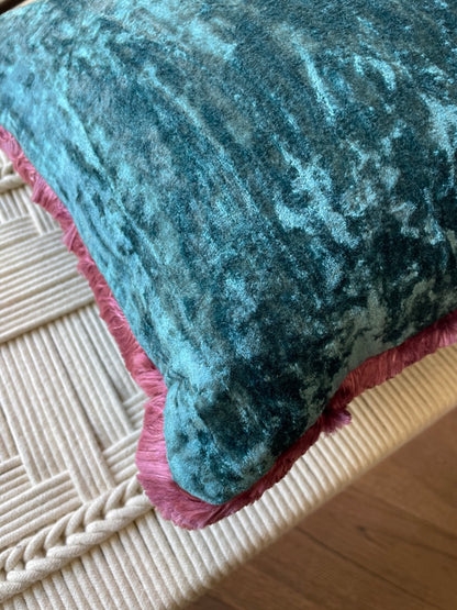 Teal Velvet with Plum Fringe Cushion Cover