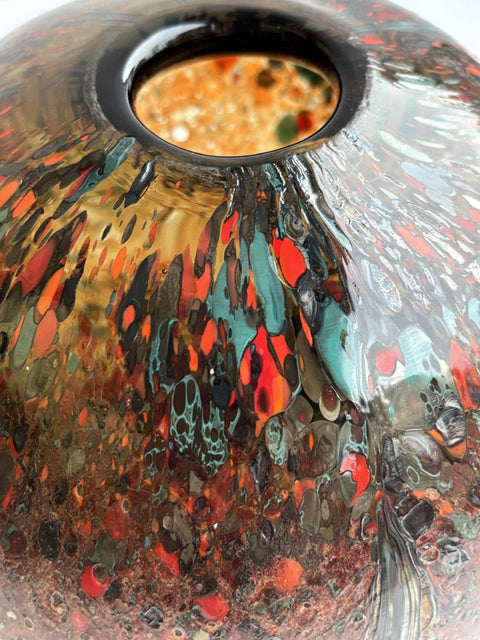Bird's Eye View of Crimson Fiery Marble Sphere Handmade & Handblown Large Glass Vase