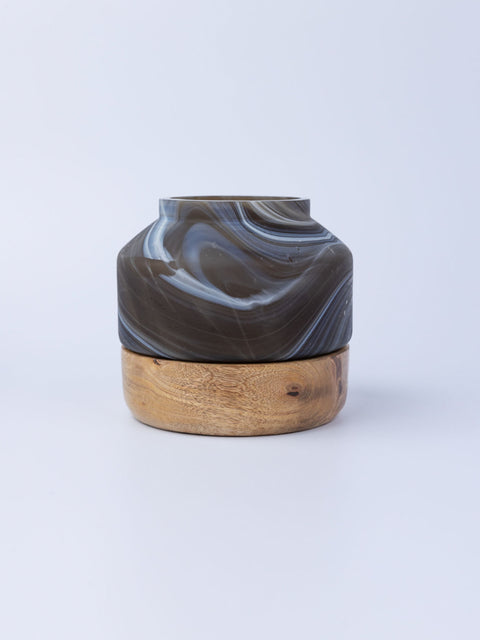 Deep Smoke Vase with a Wood Base Bundle - House of Roya