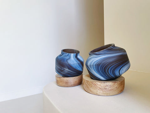Deep Smoke Vase with a Wood Base  - Large - House of Roya