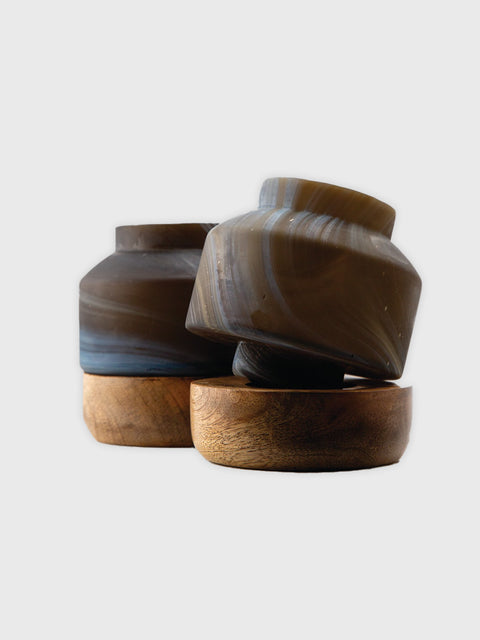 Deep Smoke Vase with  Wood Base - Small - House of Roya