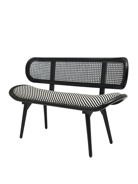 Side Shot of Amaya Teak Wood & Weaved Cane Handcrafted Bench in Black with Stripe Cushion