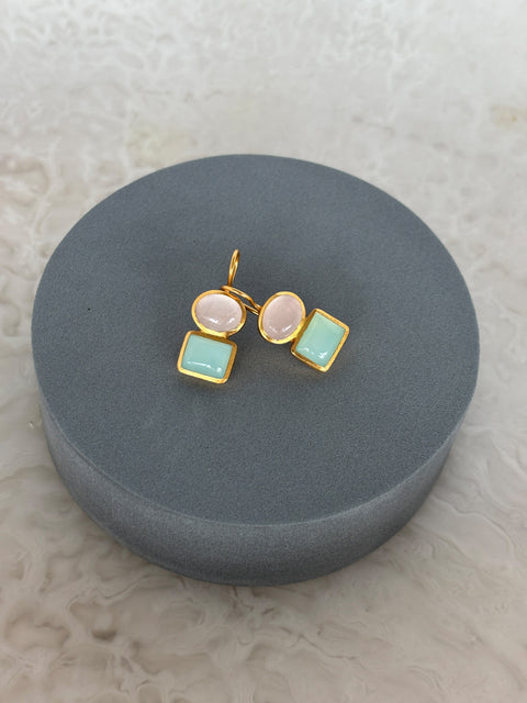 Handcrafted in Jaipur Sterling Silver Earrings Set With Rose Quartz and Aqua Chalcedony Gem Slanted View