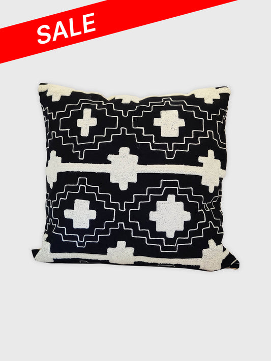 0215-Aztec Aari & Blockprint Cushion Cover - Black and White