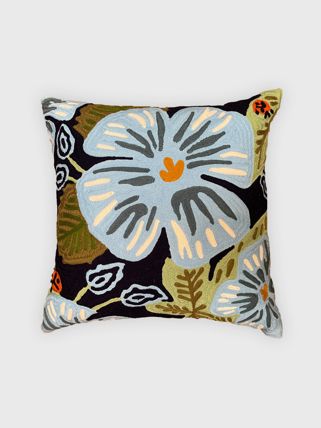 Blue Flower Aari Cushion Cover - Pale Blue