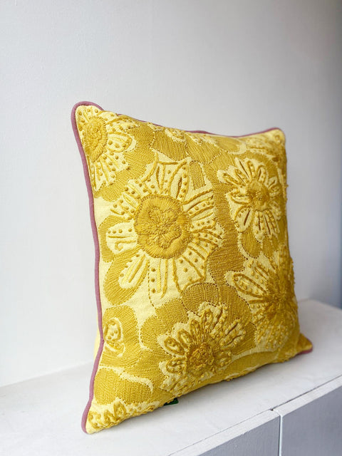 Golden Blossom with Mauve Piping Cushion Cover - House of Roya