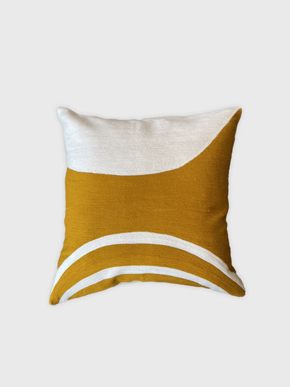 Circular Embroided Aari Cushion Cover - Ochre