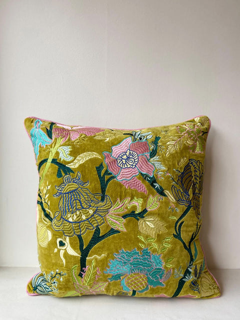 Floral Velvet Embroided - Green with Pink Flowers - House of Roya