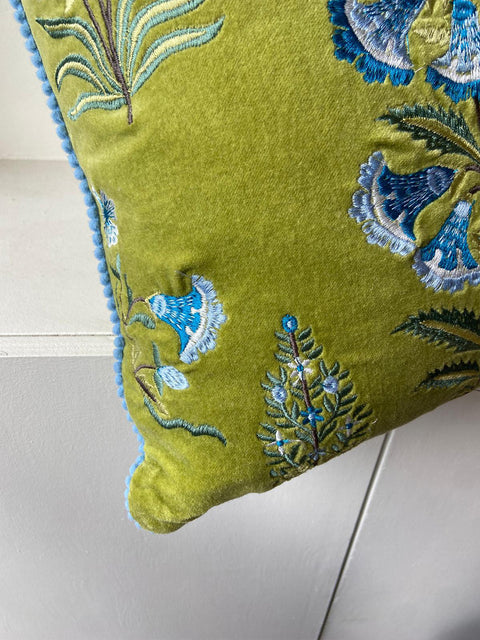 Floral Velvet Embroidered - Green with Blue Flowers - House of Roya