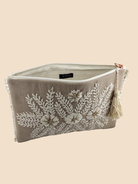 Latte Grey Embroidered Clutch - House of Roya