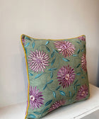 Floral Linen - Green with Purple Flowers Cushion Cover - House of Roya