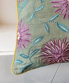 Floral Linen - Green with Purple Flowers Cushion Cover - House of Roya