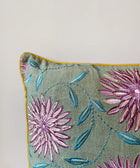 Floral Linen - Green with Purple Flowers Cushion Cover - House of Roya