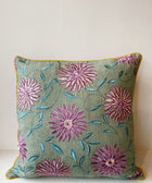 Floral Linen - Green with Purple Flowers Cushion Cover - House of Roya