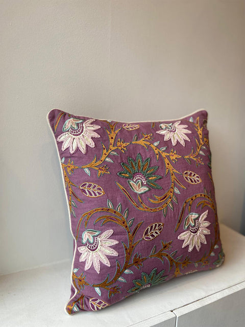 Floral Linen - Purple with Green Flowers Cushion Cover - House of Roya