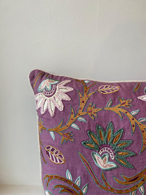 Floral Linen - Purple with Green Flowers Cushion Cover - House of Roya