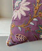 Floral Linen - Purple with Green Flowers Cushion Cover - House of Roya